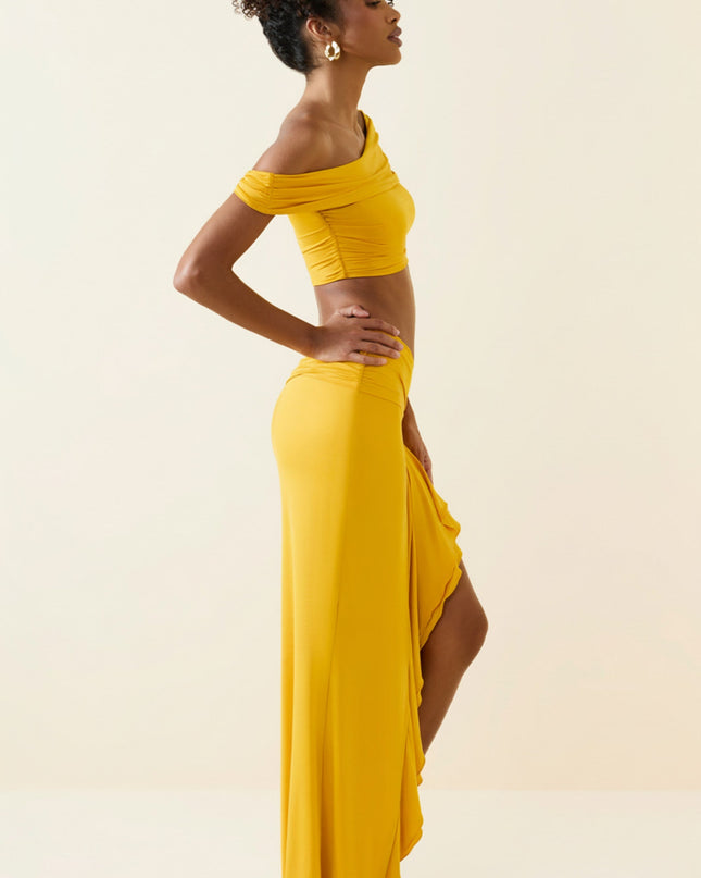 Golden Yellow Asymmetric Ruffled Low-Rise Maxi Skirt