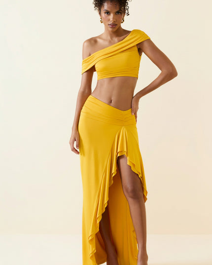 Golden Yellow Asymmetric Ruffled Low-Rise Maxi Skirt