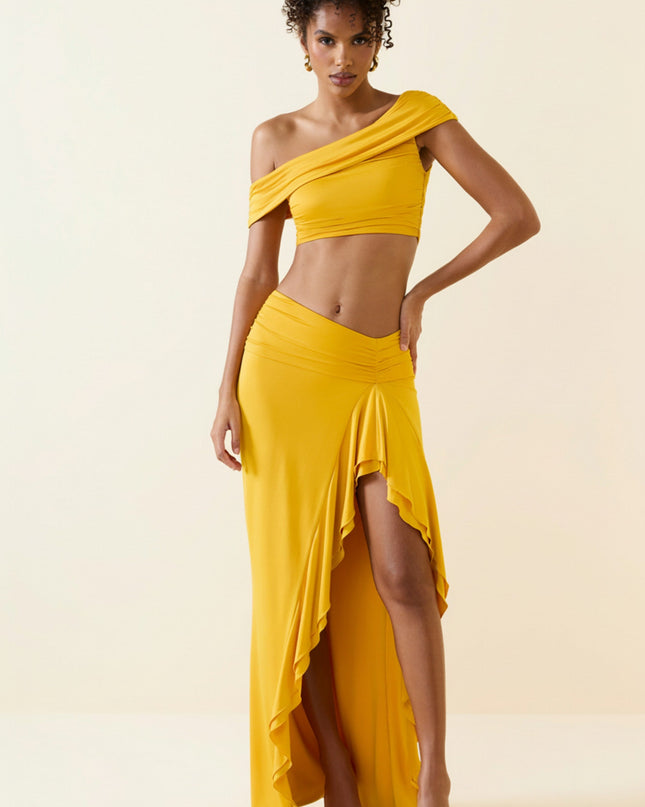 Golden Yellow Asymmetric Ruffled Low-Rise Maxi Skirt