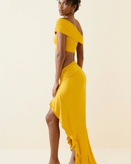Golden Yellow Asymmetric Ruffled Low-Rise Maxi Skirt