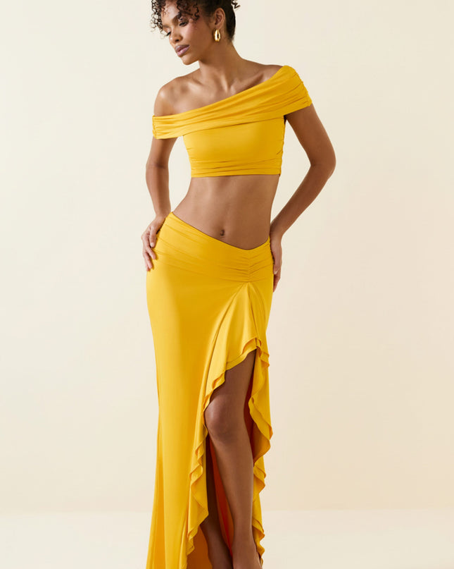 Golden Yellow Asymmetric Ruffled Low-Rise Maxi Skirt