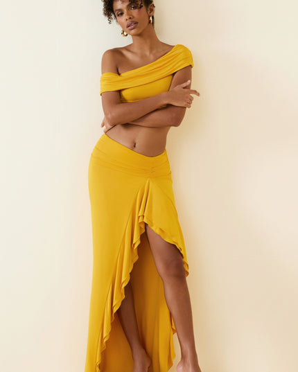 Golden Yellow Asymmetric Ruffled Low-Rise Maxi Skirt