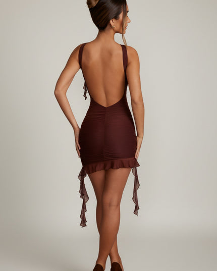 Brown Backless Ruffle Detailing Mini Dress
