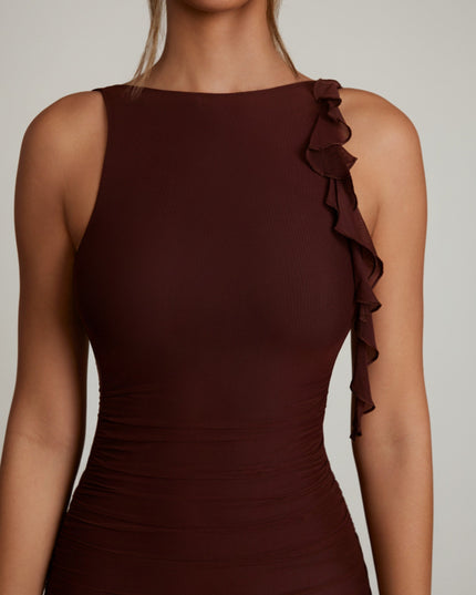 Brown Backless Ruffle Detailing Mini Dress