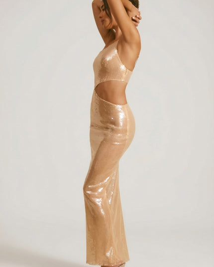 Tan Sheer Sequin One Shoulder Cut Out Maxi Dress