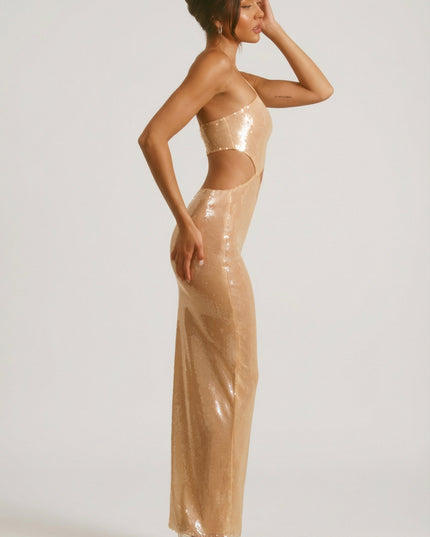 Tan Sheer Sequin One Shoulder Cut Out Maxi Dress