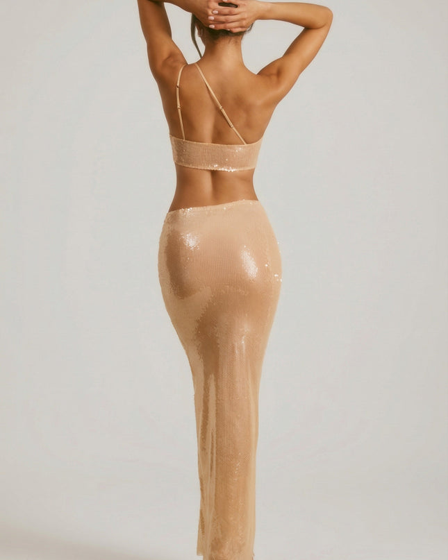 Tan Sheer Sequin One Shoulder Cut Out Maxi Dress