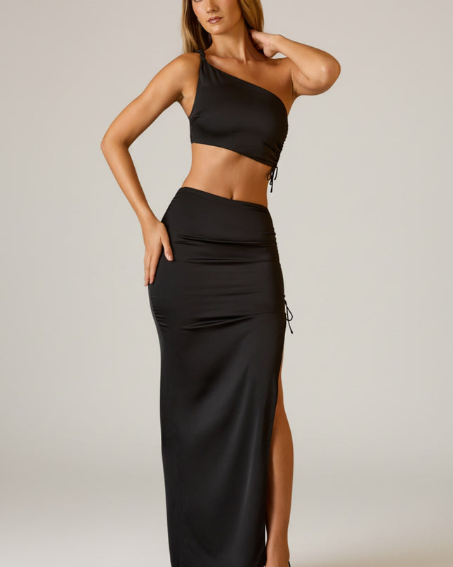 Black Ruched Asymmetric-Waist Maxi Skirt