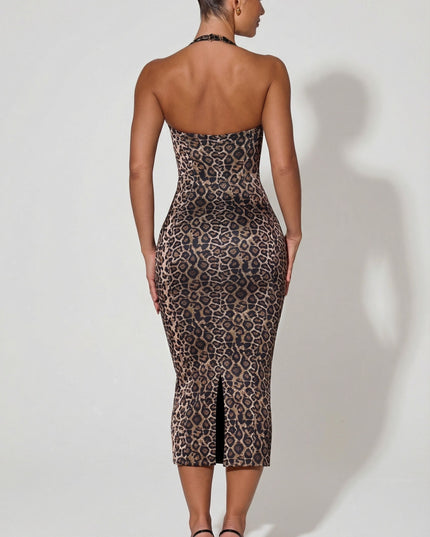 Leopard Print Layered Halterneck Bodycon Midi Dress