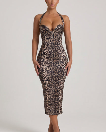Leopard Print Layered Halterneck Bodycon Midi Dress