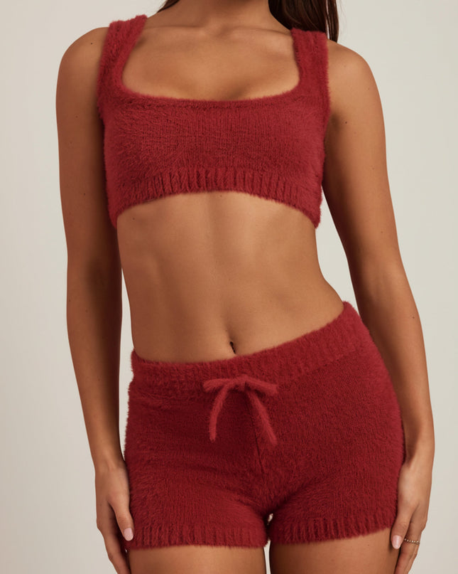 Ruby Red Fluffy Knit Scoop-Neck Bralette