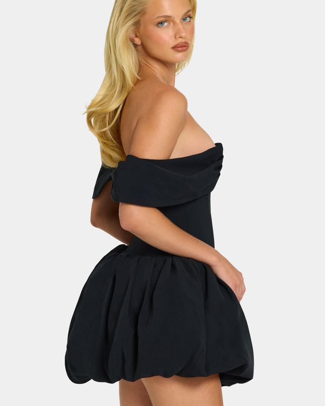 Black Off-Shoulder Layered Bubble Hem Corset Mini Dress