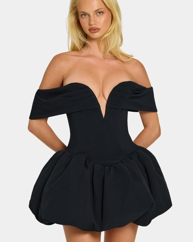 Black Off-Shoulder Layered Bubble Hem Corset Mini Dress