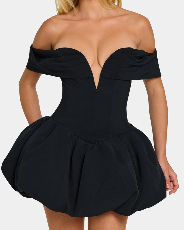 Black Off-Shoulder Layered Bubble Hem Corset Mini Dress