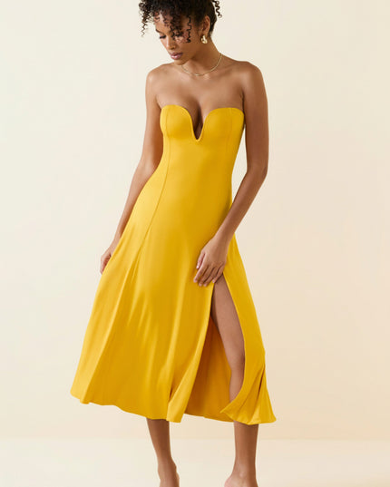 Golden Yellow Slinky Jersey Strapless A-Line Midaxi Dress