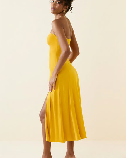 Golden Yellow Slinky Jersey Strapless A-Line Midaxi Dress