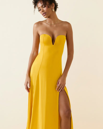 Golden Yellow Slinky Jersey Strapless A-Line Midaxi Dress
