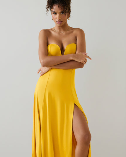 Golden Yellow Slinky Jersey Strapless A-Line Midaxi Dress