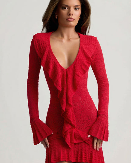 Cherry Ruffle-Trim Pointelle-Knit Mini Dress