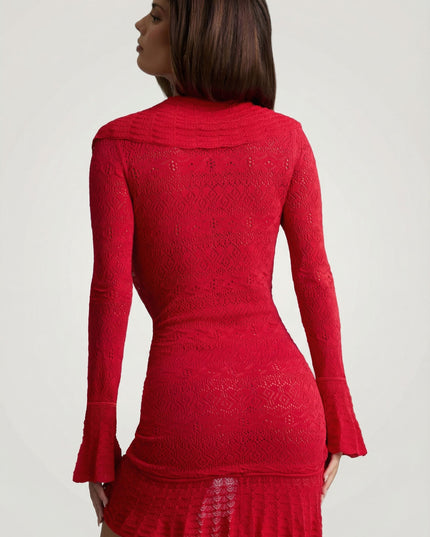 Cherry Ruffle-Trim Pointelle-Knit Mini Dress
