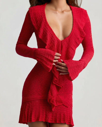 Cherry Ruffle-Trim Pointelle-Knit Mini Dress