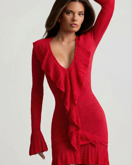Cherry Ruffle-Trim Pointelle-Knit Mini Dress