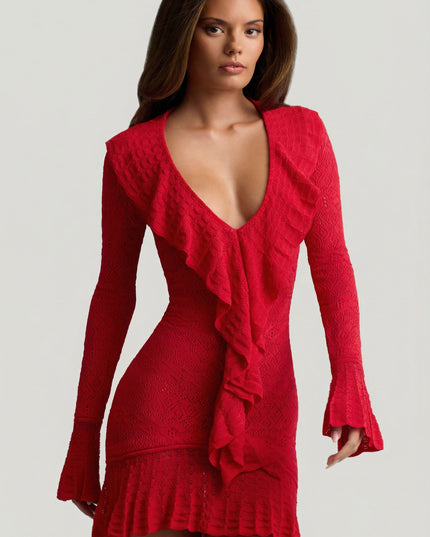 Cherry Ruffle-Trim Pointelle-Knit Mini Dress