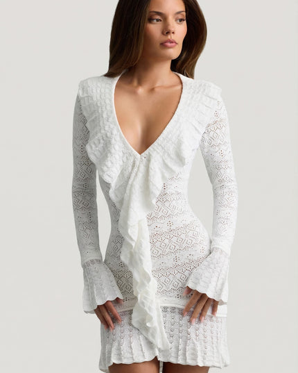 Coconut Ruffle-Trim Pointelle-Knit Mini Dress