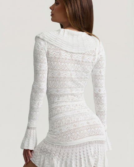 Coconut Ruffle-Trim Pointelle-Knit Mini Dress