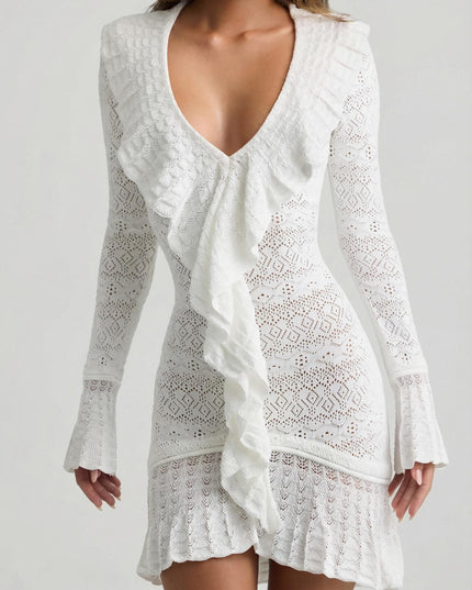Coconut Ruffle-Trim Pointelle-Knit Mini Dress