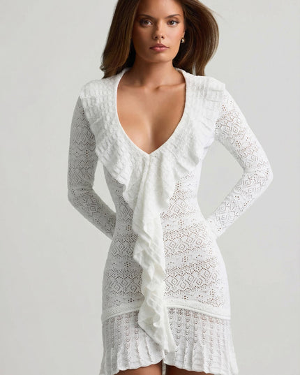 Coconut Ruffle-Trim Pointelle-Knit Mini Dress