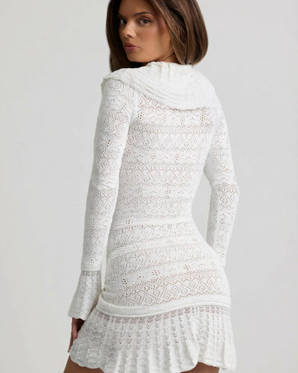 Coconut Ruffle-Trim Pointelle-Knit Mini Dress