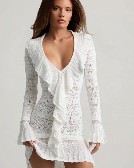 Coconut Ruffle-Trim Pointelle-Knit Mini Dress
