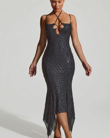 Black Embellished Cut-Out Asymmetric Midaxi Dress