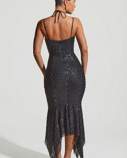 Black Embellished Cut-Out Asymmetric Midaxi Dress