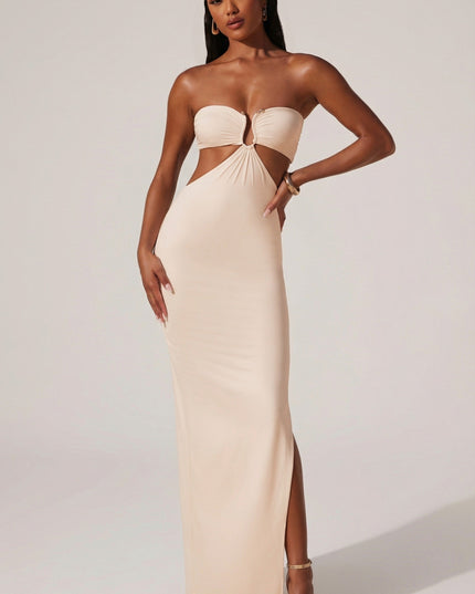 Ivory Ruched Hardware Detail Bandeau Floor Length Dress