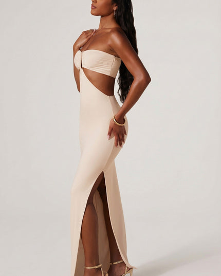 Ivory Ruched Hardware Detail Bandeau Floor Length Dress