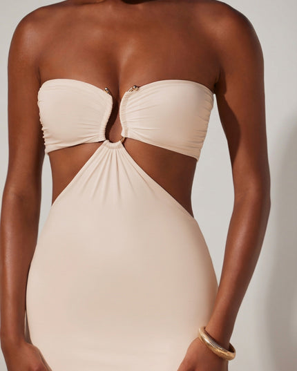 Ivory Ruched Hardware Detail Bandeau Floor Length Dress