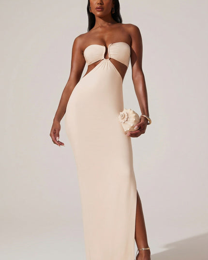 Ivory Ruched Hardware Detail Bandeau Floor Length Dress