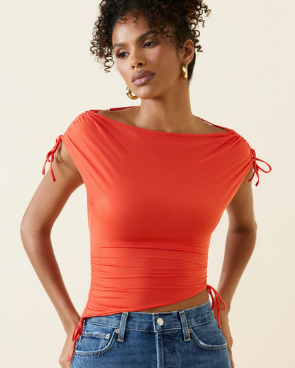 Scarlet Asymmetric Ruched Cowl-Back Crop Top