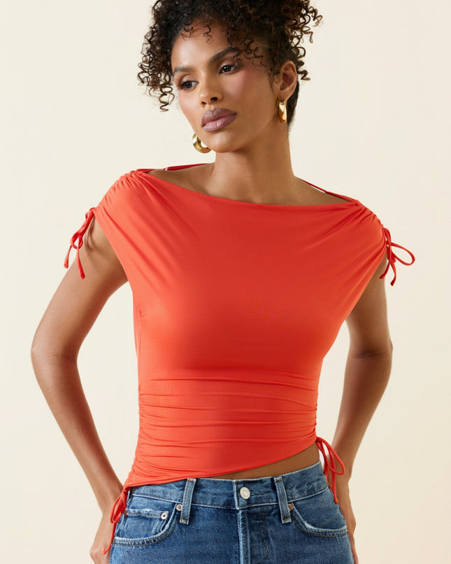 Scarlet Asymmetric Ruched Cowl-Back Crop Top