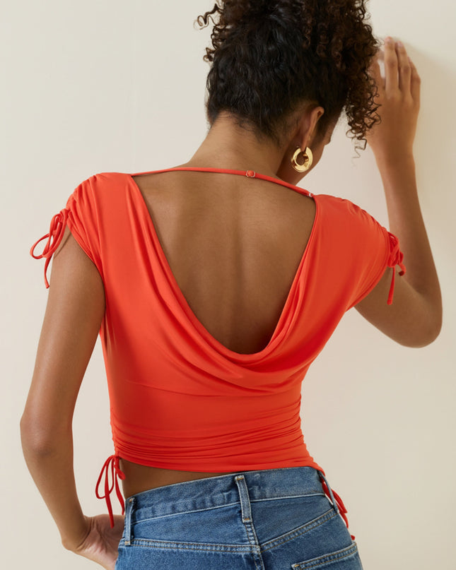 Scarlet Asymmetric Ruched Cowl-Back Crop Top