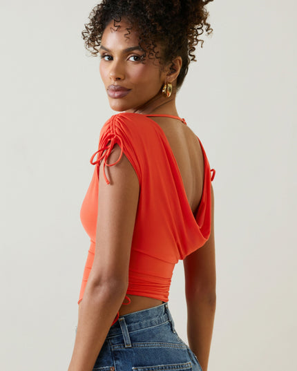 Scarlet Asymmetric Ruched Cowl-Back Crop Top