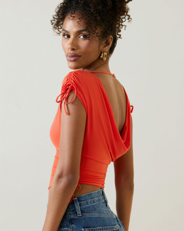 Scarlet Asymmetric Ruched Cowl-Back Crop Top
