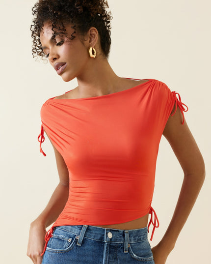 Scarlet Asymmetric Ruched Cowl-Back Crop Top
