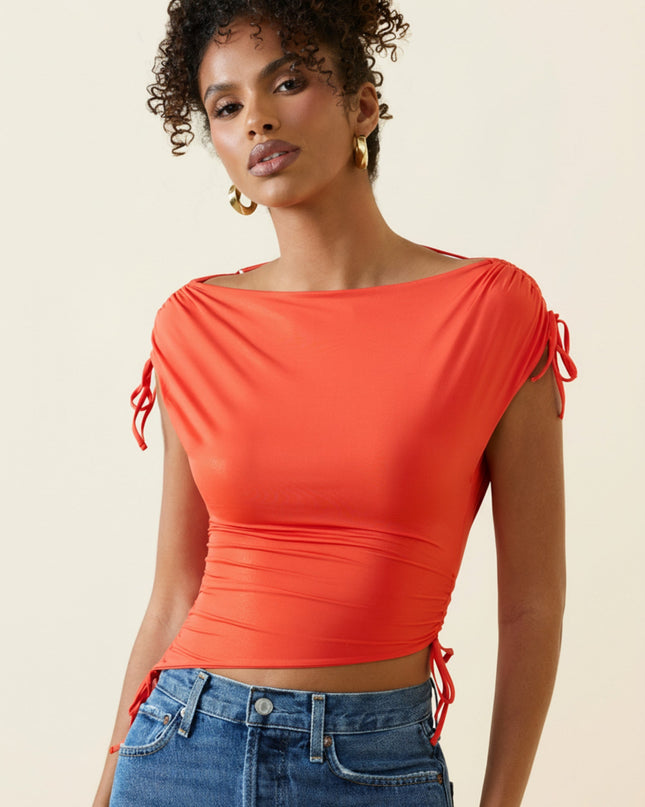 Scarlet Asymmetric Ruched Cowl-Back Crop Top