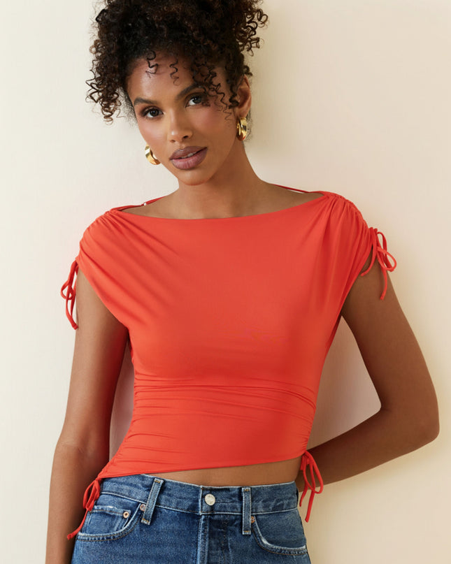 Scarlet Asymmetric Ruched Cowl-Back Crop Top