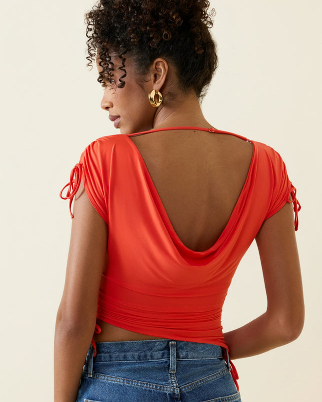Scarlet Asymmetric Ruched Cowl-Back Crop Top