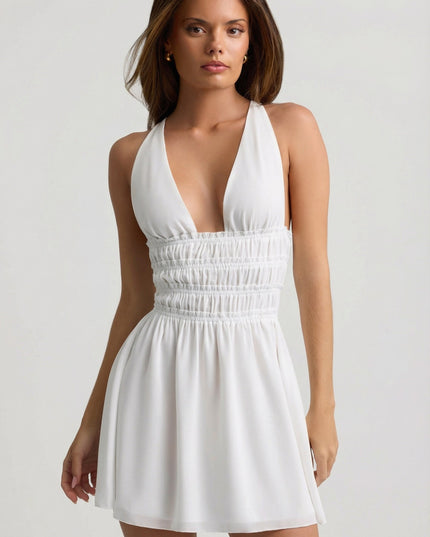 White Plunge Cross-Back Mini Dress