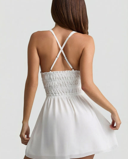 White Plunge Cross-Back Mini Dress